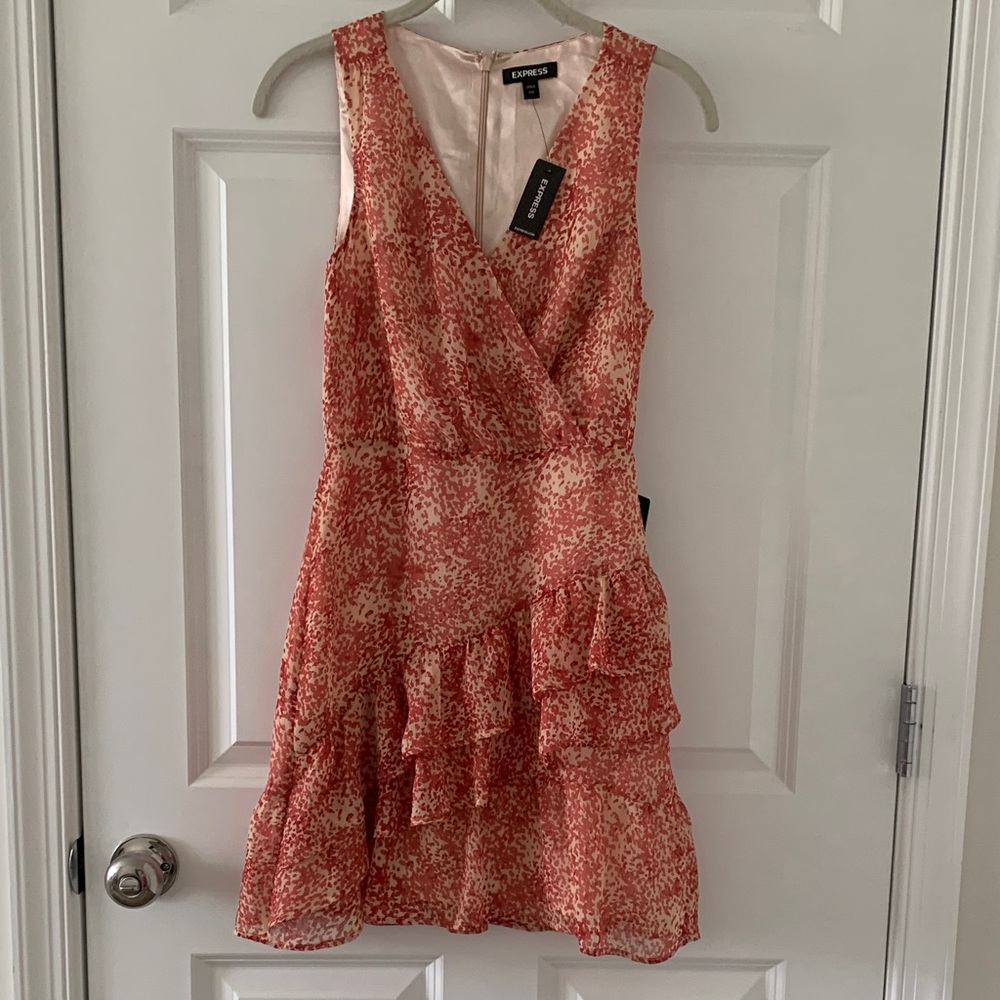 Express Coral-Cream Sleeveless Ruffle Mini Dress NWT